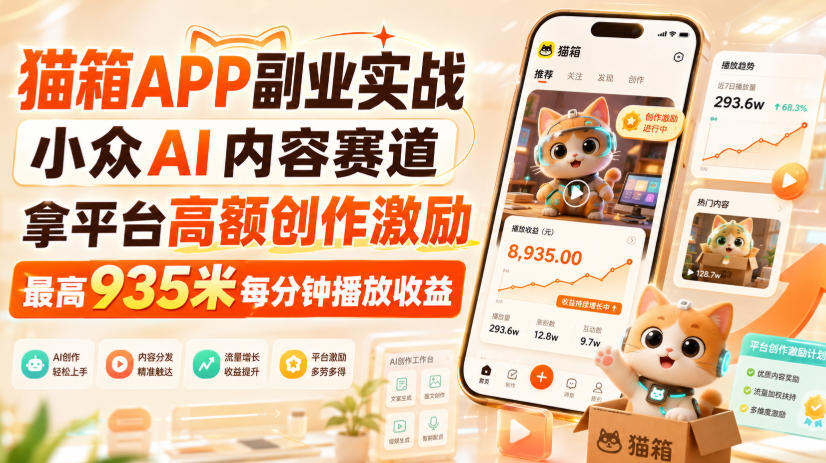 猫箱APP副业实战，小众AI内容赛道，拿平台高额创作激励，最高935米每分钟播放收益-weichuangqy