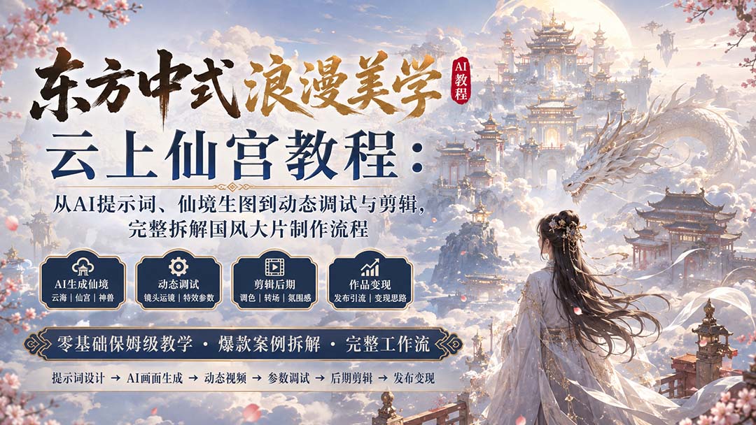 东方中式浪漫美学云上仙宫教程：从AI提示词、仙境生图到动态调试与剪辑，完整拆解国风大片制作流程-weichuangqy