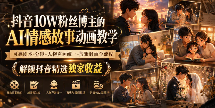 抖音10W粉丝博主的AI情感故事动画教学，灵感剧本‑分镜‑人物声画统一‑剪辑封面全流程，解锁抖音精选独家收益-weichuangqy