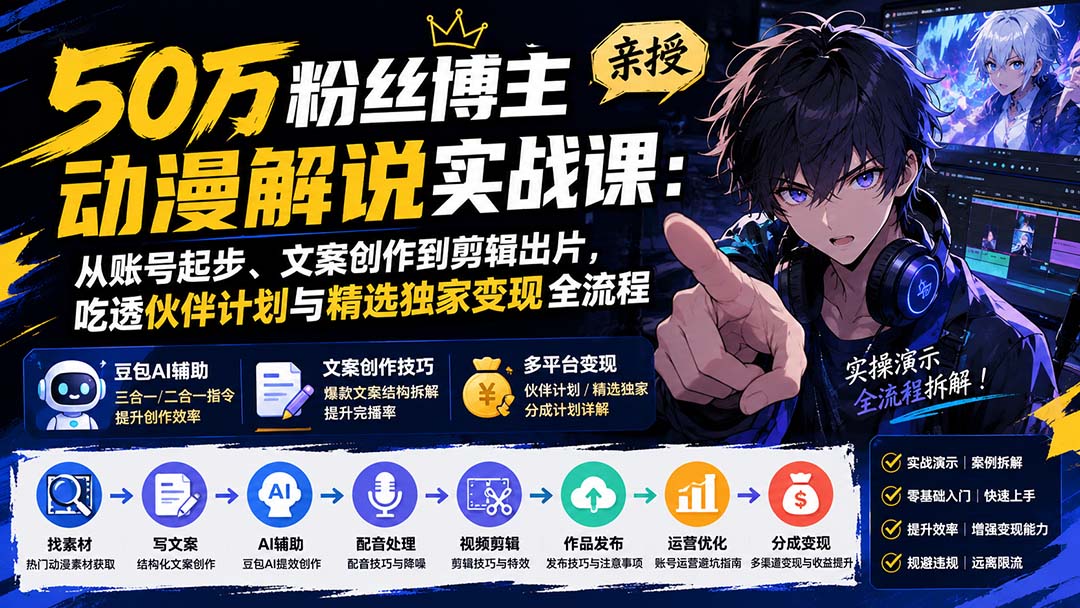 50万粉丝博主亲授动漫解说实战课：从账号起步、文案创作到剪辑出片，吃透伙伴计划与精选独家变现全流程-weichuangqy