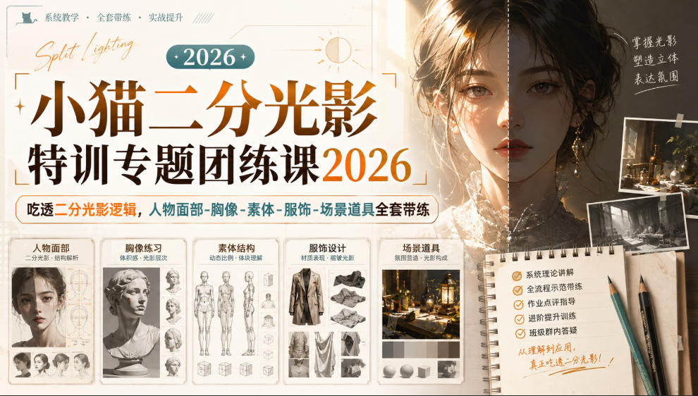 小猫二分光影特训专题团练课2026｜吃透二分光影逻辑，人物面部‑胸像‑素体‑服饰‑场景道具全套带练，高清画质附赠课件与笔刷-weichuangqy