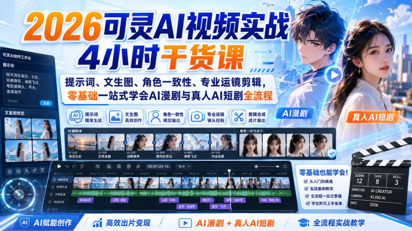 2026可灵AI视频实战4小时干货课｜提示词、文生图、角色一致性、专业运镜剪辑，零基础一站式学会AI漫剧与真人AI短剧全流程-weichuangqy