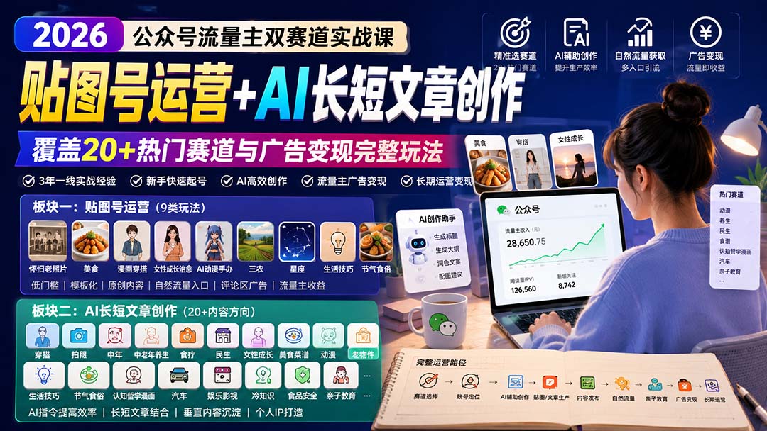 公众号流量主双赛道实战课：贴图号运营+AI长短文章创作，覆盖20+热门赛道与广告变现完整玩法-weichuangqy
