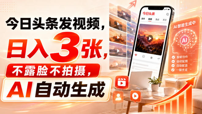今日头条发视频，日入3张，不露脸不拍摄，AI自动生成-weichuangqy