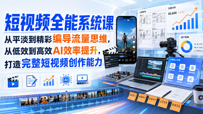 短视频全能系统课，从平淡到精彩编导流量思维，从低效到高效AI效率提升，打造完整短视频创作能力(2026年8月30更新233集)-weichuangqy