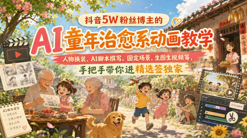抖音5W粉丝博主的AI童年治愈系动画教学，人物换装、AI脚本撰写、固定场景、生图生视频等，手把手带你进精选签独家-weichuangqy