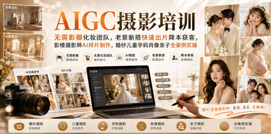 AIGC摄影培训｜无需影棚化妆团队，老景新搭快速出片降本获客，影楼摄影师AI样片制作，婚纱儿童孕妈肖像亲子全案例实操-weichuangqy
