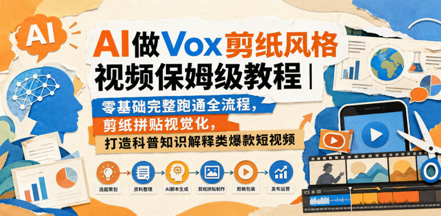 AI做Vox剪纸风格视频保姆级教程｜零基础完整跑通全流程，剪纸拼贴视觉化，打造科普知识解释类爆款短视频-weichuangqy