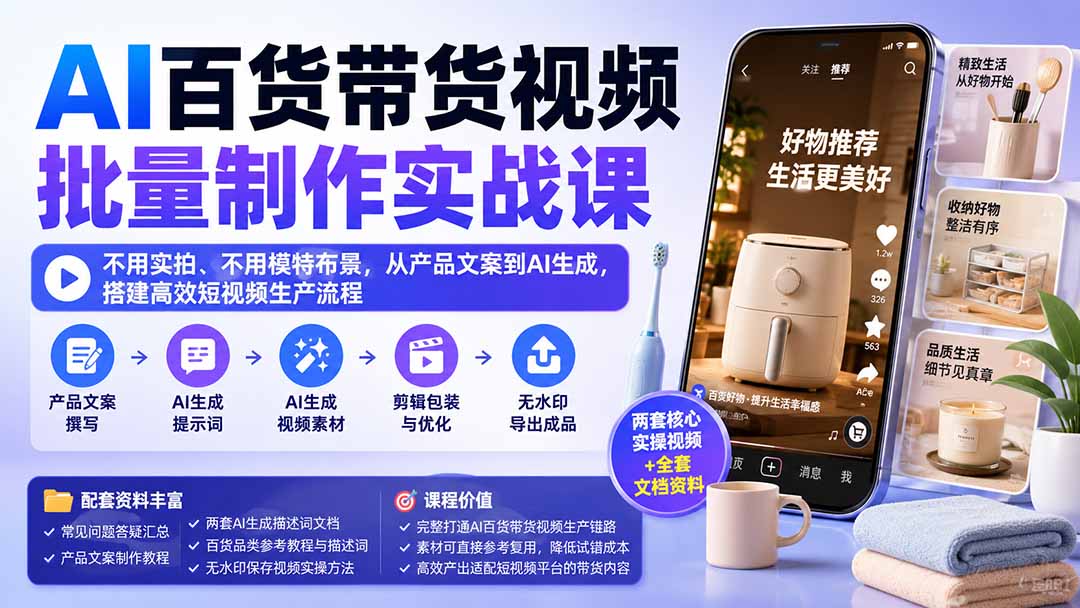 AI百货带货视频批量制作实战课：不用实拍、不用模特布景，从产品文案到AI生成，搭建高效短视频生产流程-weichuangqy