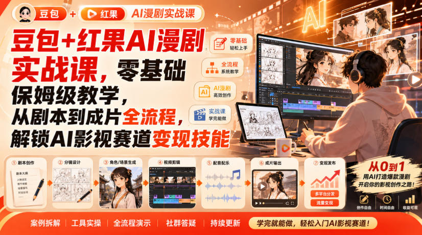 豆包+红果AI漫剧实战课，零基础保姆级教学，从剧本到成片全流程，解锁AI影视赛道变现技能-weichuangqy