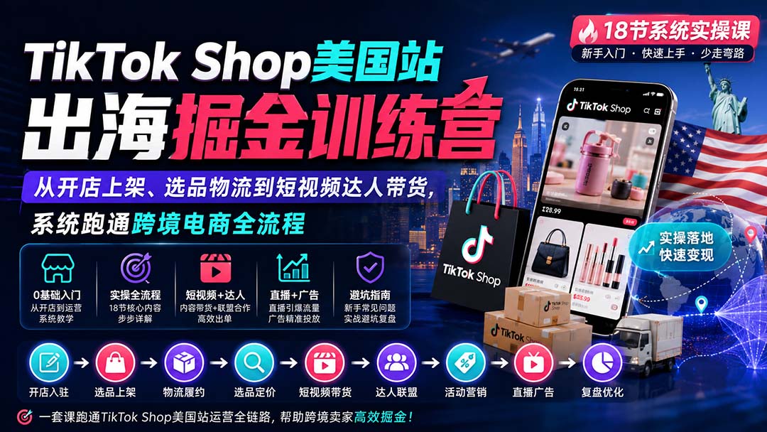 TikTok Shop美国站出海掘金训练营：从开店上架、选品物流到短视频达人带货，系统跑通跨境电商全流程-weichuangqy