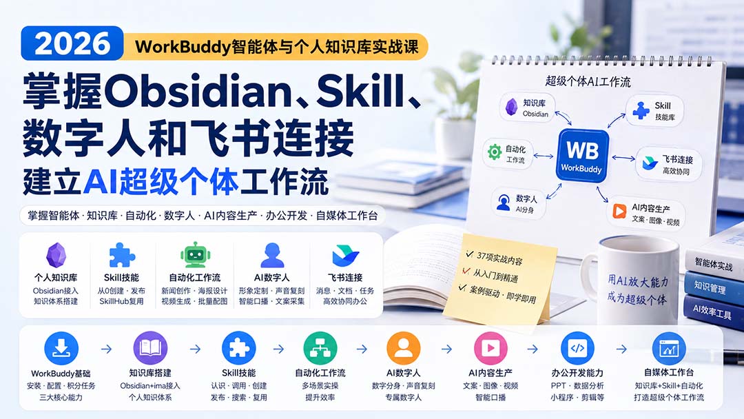 2026 WorkBuddy智能体与个人知识库实战课：掌握Obsidian、Skill、数字人和飞书连接，建立AI超级个体工作流-weichuangqy