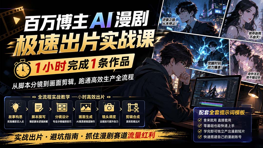 百万博主AI漫剧极速出片实战课：1小时产出条作品，从脚本分镜到画面剪辑，跑通高效生产全流程-weichuangqy