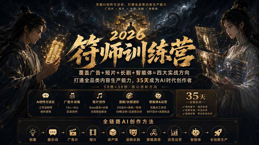 符师训练营-35天成为AI时代创作者，广告+短片+漫剧+智能体四大实战方向，掌握从创意到上线的完整工作流-weichuangqy