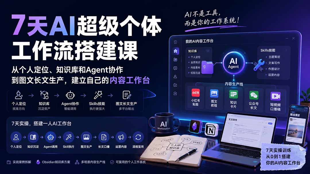 7天AI超级个体工作流搭建课：从个人定位、知识库和Agent协作到图文长文生产，建立自己的内容工作台-weichuangqy