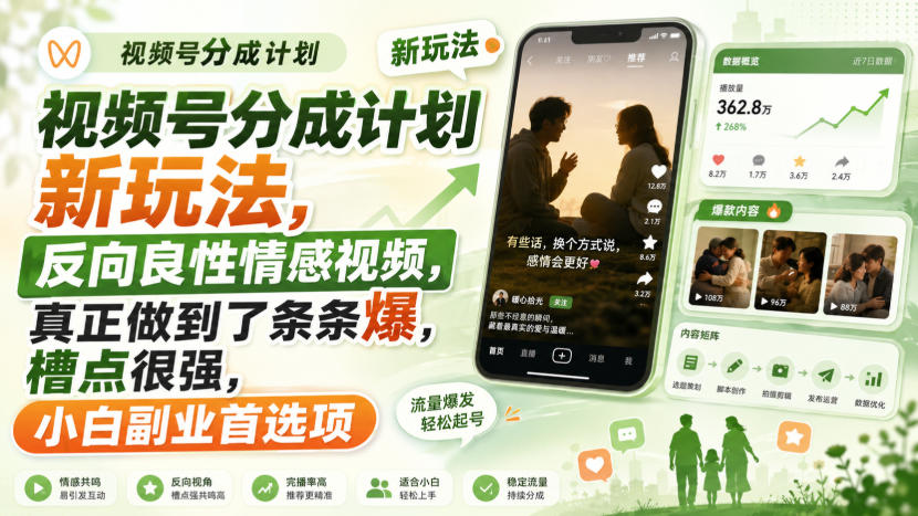 视频号分成计划新玩法，反向良性情感视频，真正做到了条条爆，槽点很强，小白副业首选项-weichuangqy