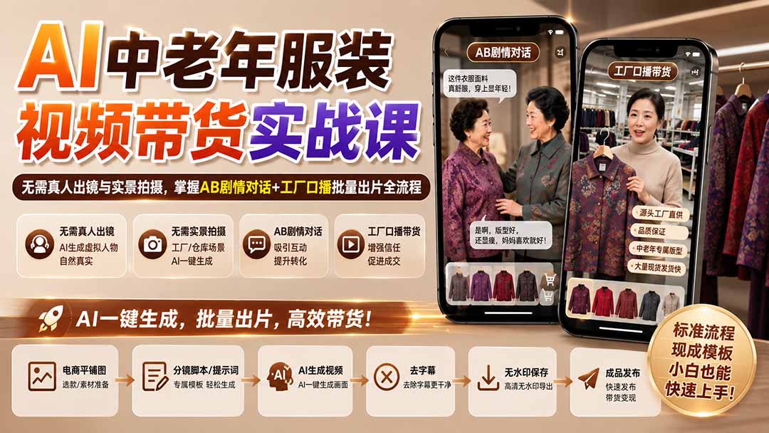 AI中老年服装视频带货实战课：无需真人出镜与实景拍摄，掌握AB剧情对话+工厂口播批量出片全流程-weichuangqy