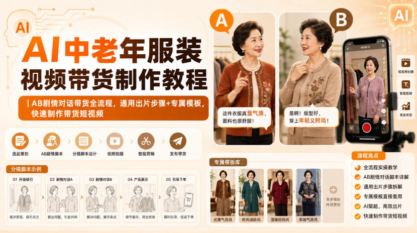 AI中老年服装视频带货制作教程｜AB剧情对话带货全流程，通用出片步骤+专属模板，快速制作带货短视频-weichuangqy