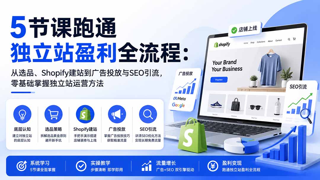 图片[1]-5节课跑通独立站盈利全流程：从选品、Shopify建站到广告投放与SEO引流，零基础掌握独立站运营方法-weichuangqy