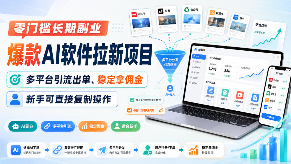 零门槛长期副业，爆款AI软件拉新项目，多平台引流出单、稳定拿佣金，新手可直接复制操作-weichuangqy