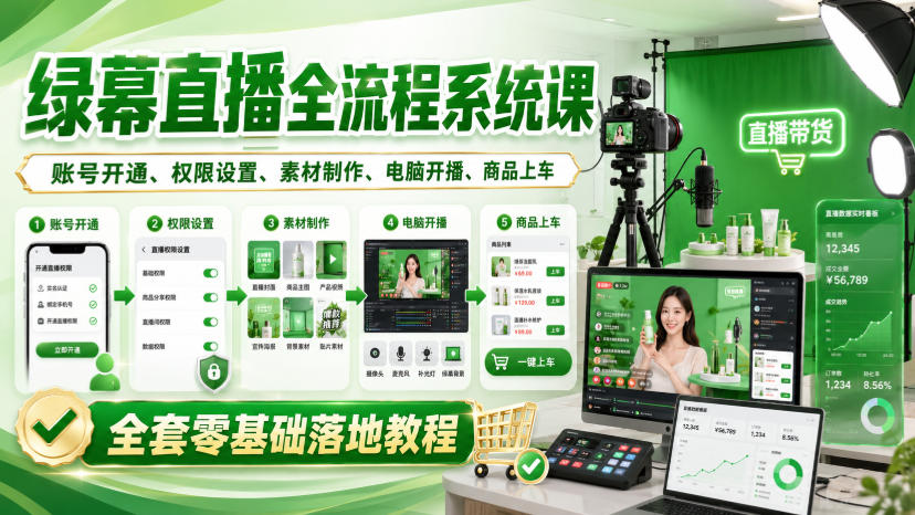 绿幕直播全流程系统课，账号开通、权限设置、素材制作、电脑开播、商品上车全套零基础落地教程-weichuangqy