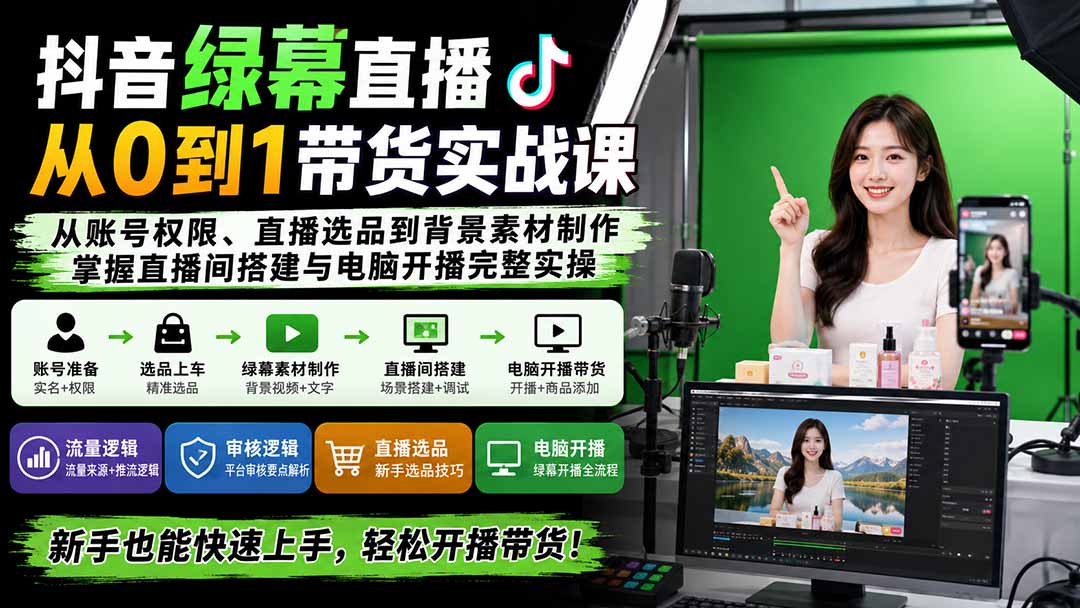 抖音绿幕直播从0到1带货实战课：从账号权限、直播选品到背景素材制作，掌握直播间搭建与电脑开播完整实操-weichuangqy
