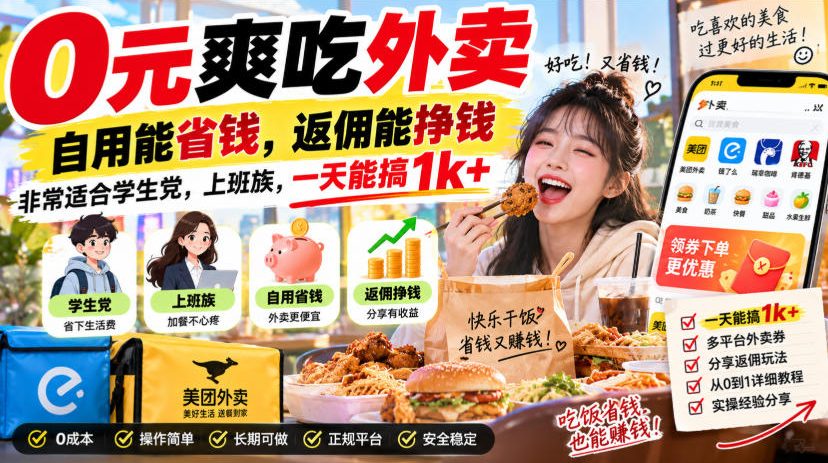 0元爽吃外卖，自用能省钱，返佣能挣钱，非常适合学生党，上班族，一天能搞1k+-weichuangqy