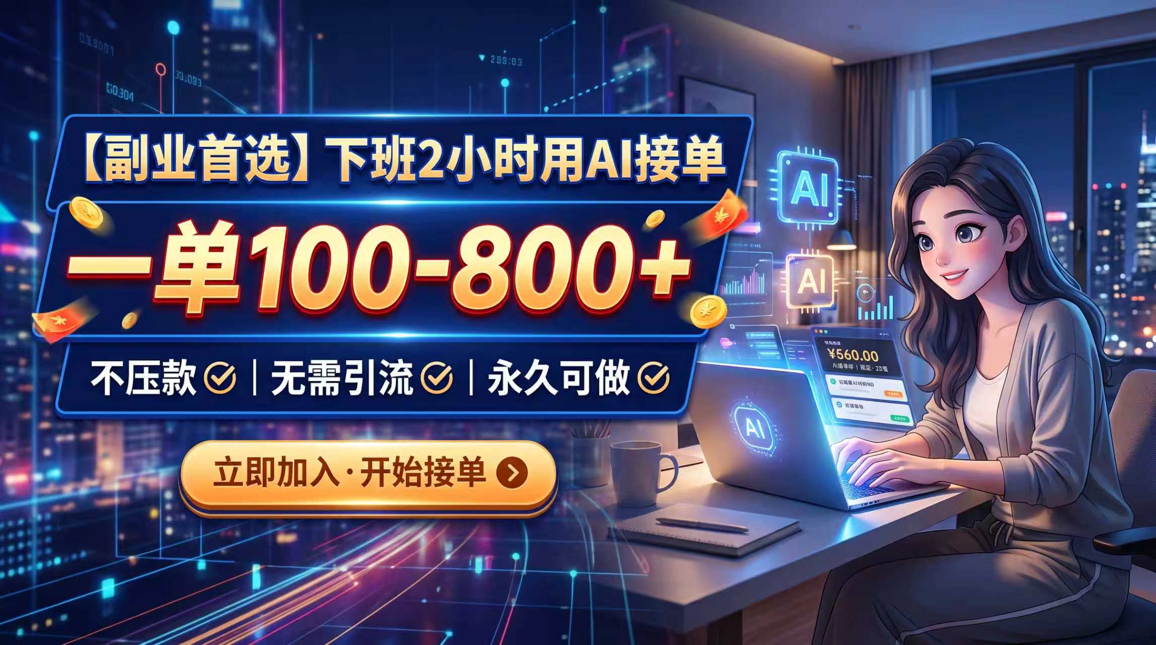 下班2小时用AI接单，一单100-800+，不压款，无需引流，永久可做-weichuangqy