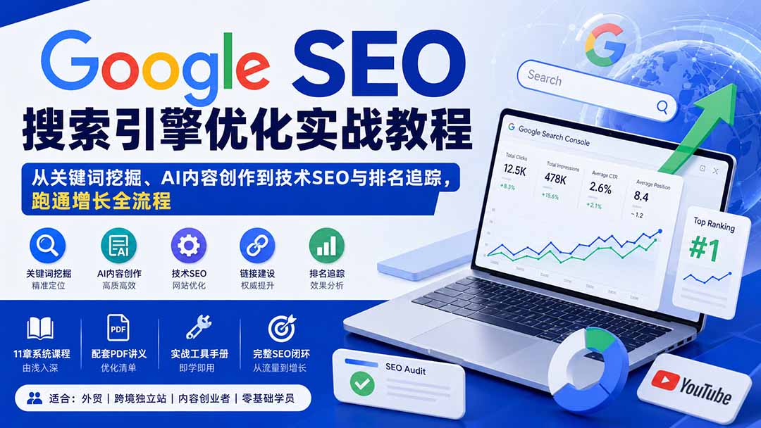 Google SEO搜索引擎优化实战教程：从关键词挖掘、AI内容创作到技术SEO与排名追踪，跑通增长全流程-weichuangqy