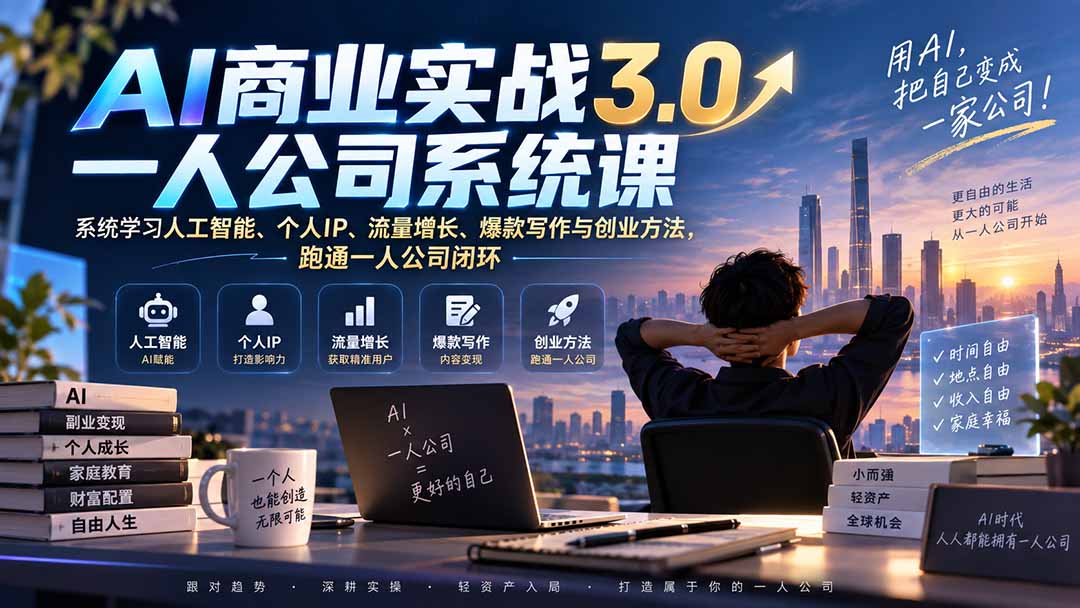 AI商业实战3.0一人公司系统课：系统学习人工智能、个人IP、流量增长、爆款写作与创业方法，跑通一人公司闭环-weichuangqy
