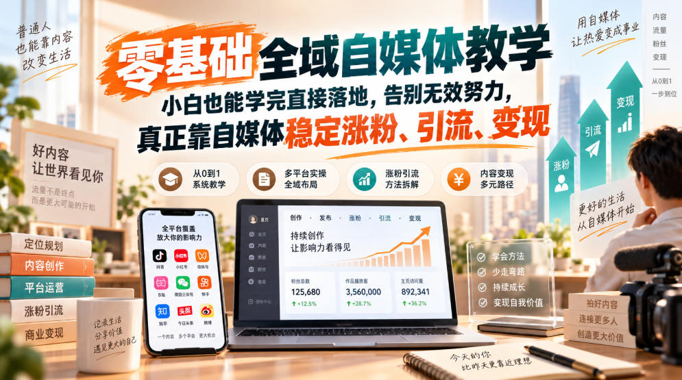 零基础全域自媒体教学，小白也能学完直接落地，告别无效努力，真正靠自媒体稳定涨粉、引流、变现-weichuangqy