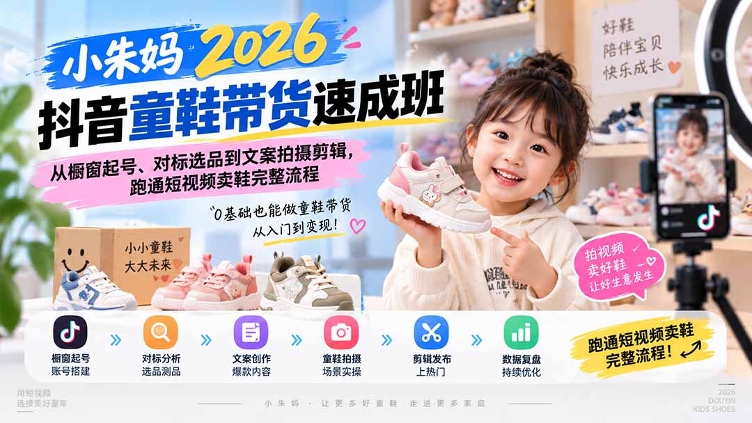 小朱妈2026抖音童鞋带货速成班：从橱窗起号、对标选品到文案拍摄剪辑，跑通短视频卖鞋完整流程-weichuangqy