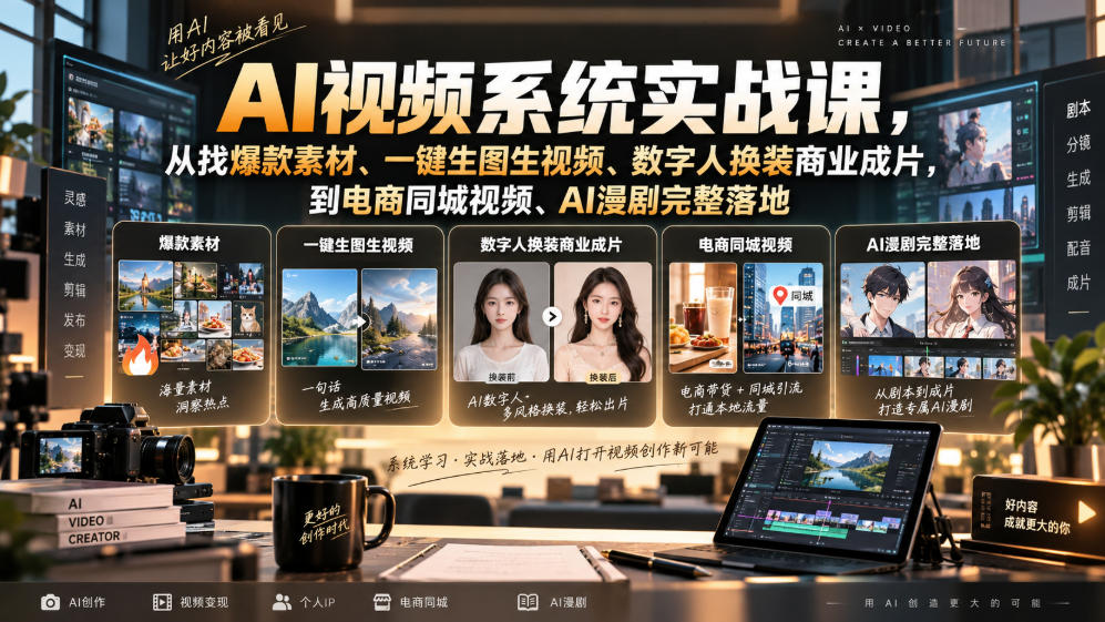 AI视频系统实战课，从找爆款素材、一键生图生视频、数字人换装商业成片，到电商同城视频、AI漫剧完整落地-weichuangqy
