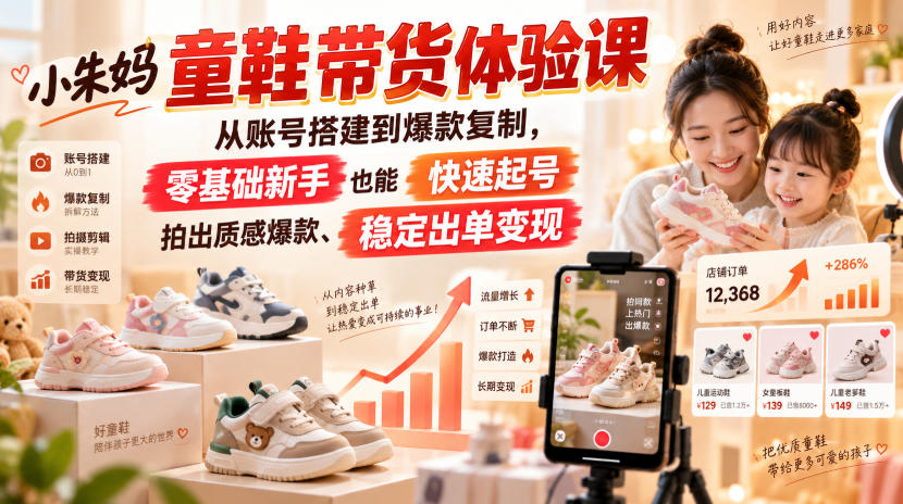小朱妈童鞋带货体验课，从账号搭建到爆款复制，零基础新手也能快速起号、拍出质感爆款、稳定出单变现-weichuangqy