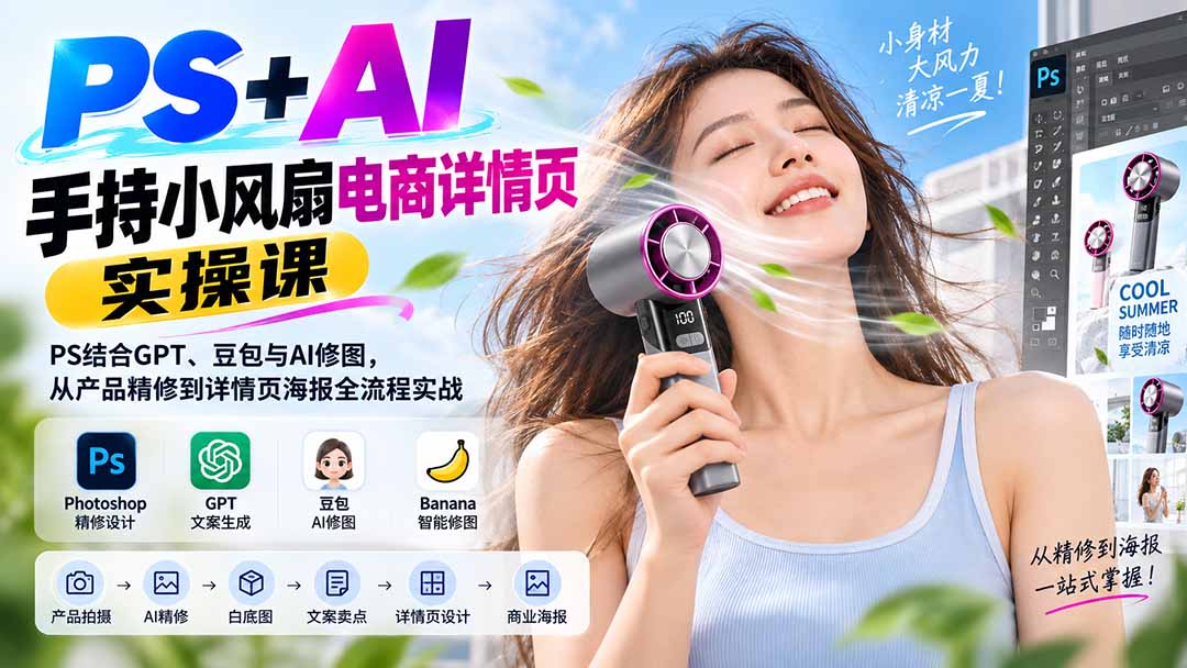 PS+AI手持小风扇电商详情页实操课：PS结合GPT、豆包与AI修图，从产品精修到详情页海报全流程实战-weichuangqy