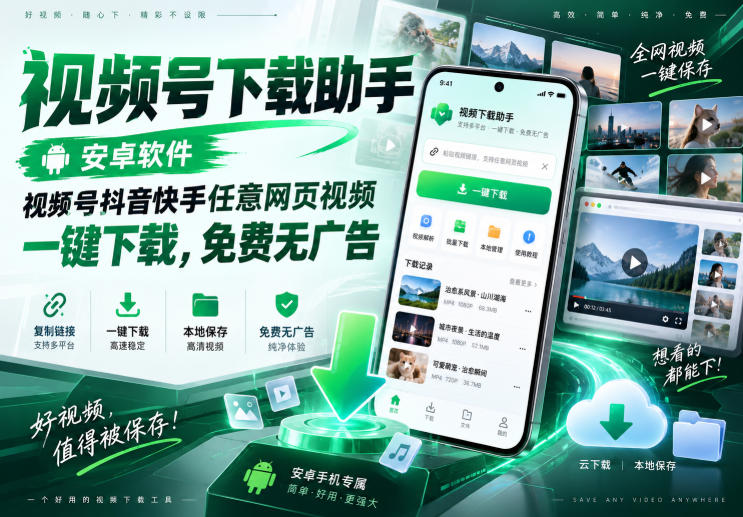 视频号下载助手，安卓软件，视频号抖音快手任意网页视频，一键下载，免费无广告-weichuangqy