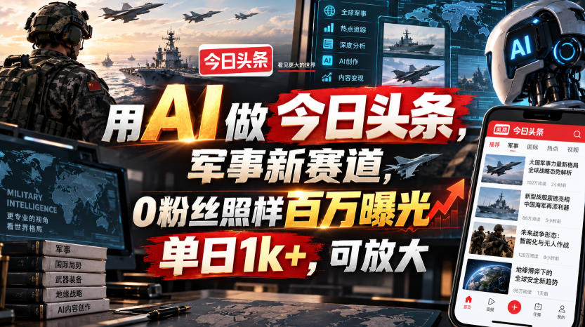 用AI做今日头条，军事新赛道，0粉丝照样百万曝光，单日1k+，可放大-weichuangqy
