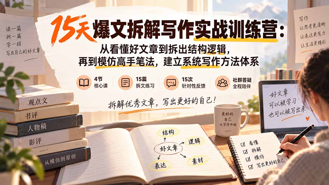 15天爆文拆解写作实战训练营：从看懂好文章到拆出结构逻辑，再到模仿高手笔法，建立系统写作方法体系-weichuangqy