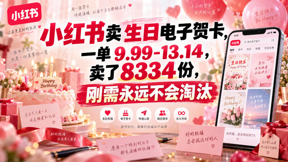 小红书卖生日电子贺卡，一单9.99-13.14，卖了8334份，刚需永远不会淘汰-weichuangqy