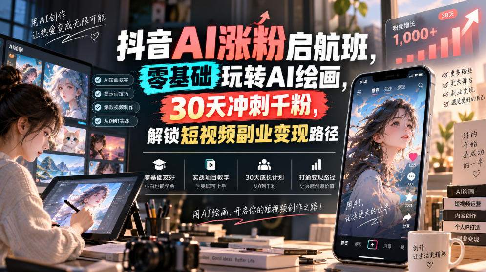 抖音AI涨粉启航班，零基础玩转AI绘画，30天冲刺千粉，解锁短视频副业变现路径-weichuangqy
