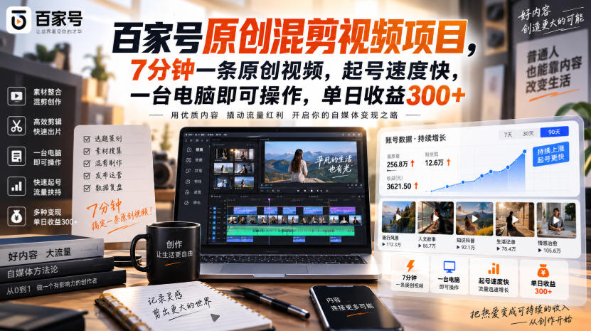 百家号原创混剪视频项目，7分钟一条原创视频，起号速度快，一台电脑即可操作，单日收益300+-weichuangqy