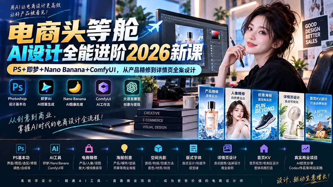 电商头等舱AI设计全能进阶2026新课：PS+即梦+Nano Banana+ComfyUI，从产品精修到详情页全案设计-weichuangqy
