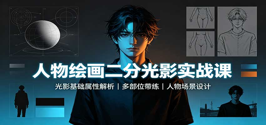 人物绘画二分光影实战课：光影基础属性解析，多部位带练，人物场景设计-weichuangqy