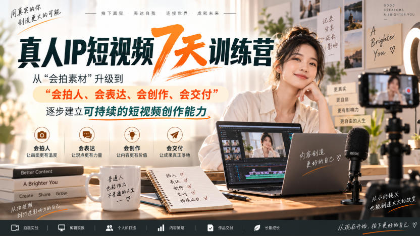 真人IP短视频7天训练营，从“会拍素材”升级到“会拍人、会表达、会创作、会交付”，逐步建立可持续的短视频创作能力-weichuangqy