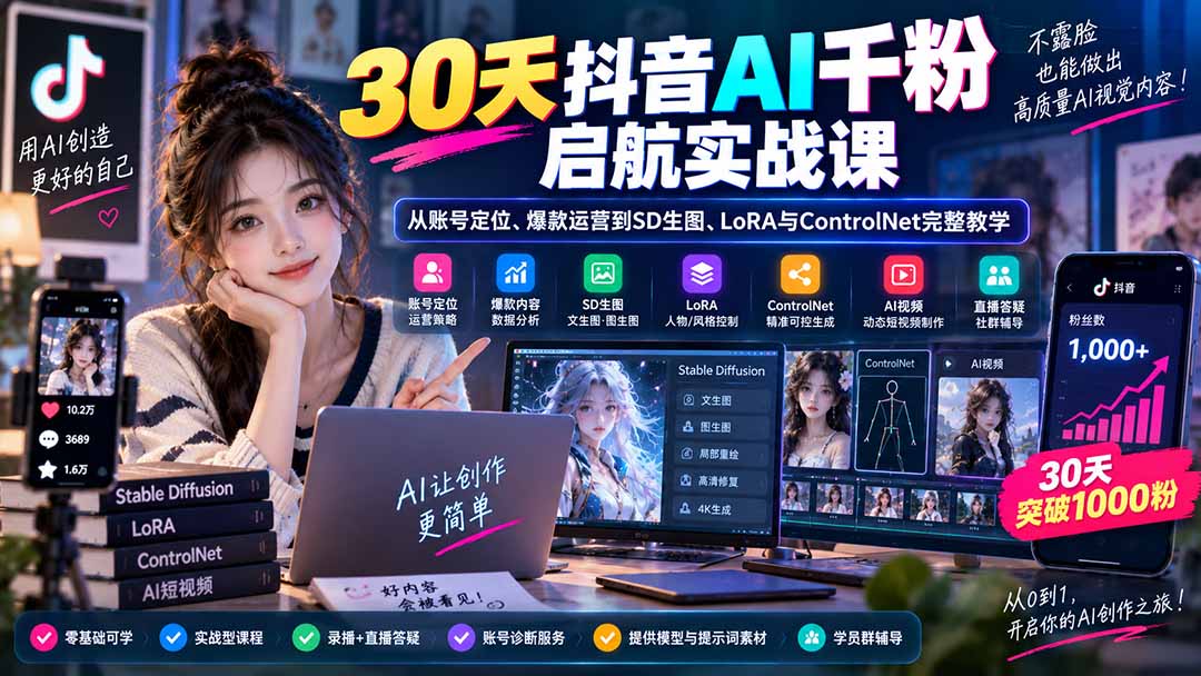 30天抖音AI千粉启航实战课：从账号定位、爆款运营到SD生图、LoRA与ControlNet完整教学-weichuangqy