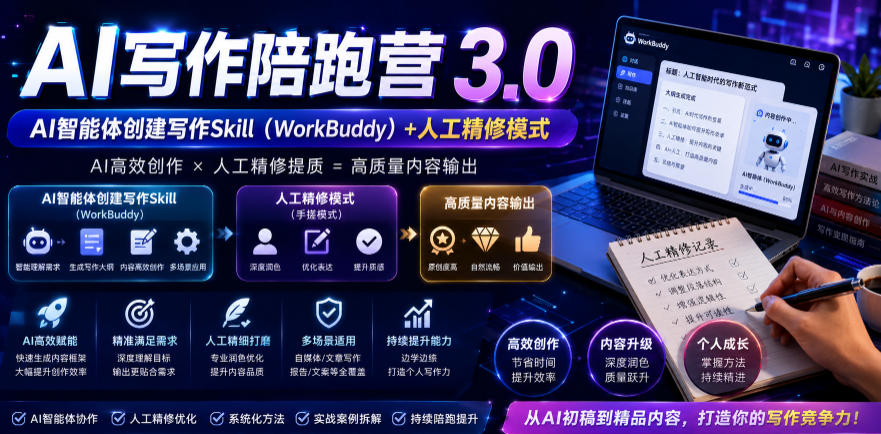 AI写作陪跑营3.0，Ai智能体创建写作skill(workbuddy)+人工手写模式(手搓模式)，去除AI痕迹(头条号、公众号、百家号)(更新0907)-weichuangqy