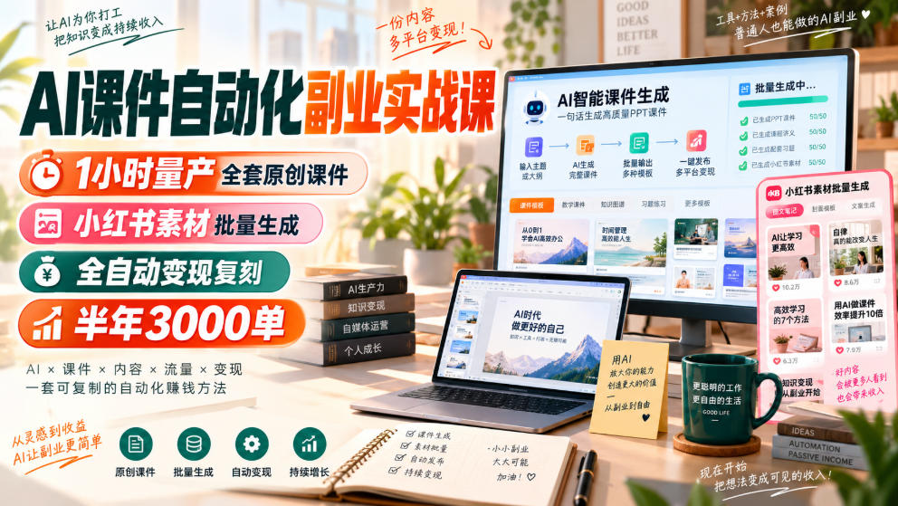 AI课件自动化副业实战课，1小时量产全套原创课件，小红书素材批量生成，全自动变现复刻，半年3000单-weichuangqy
