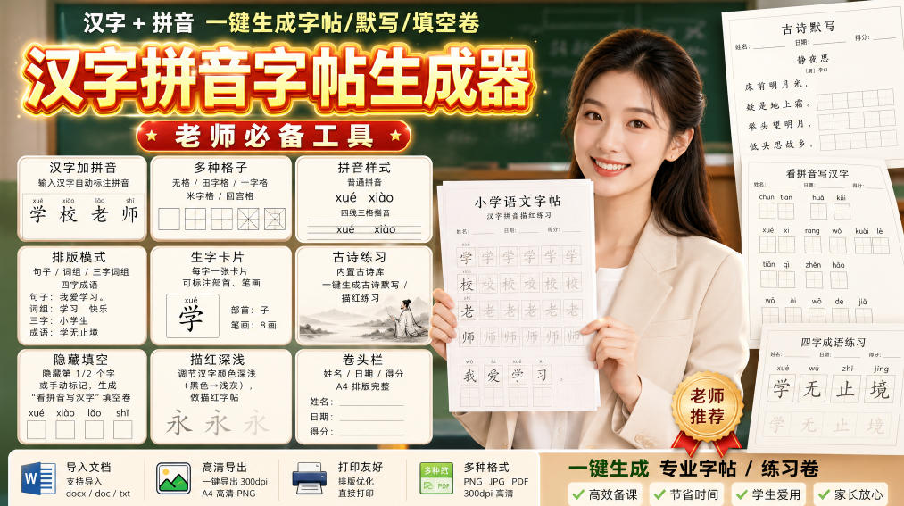学习神器，汉字拼音字帖生成器，汉字+拼音 一键生成字帖/默写/填空卷，支持词组、成语，老师、家长必备-weichuangqy