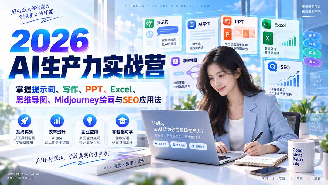 2026AI生产力实战营：掌握提示词、写作、PPT、Excel、思维导图、Midjourney绘画与SEO应用法-weichuangqy