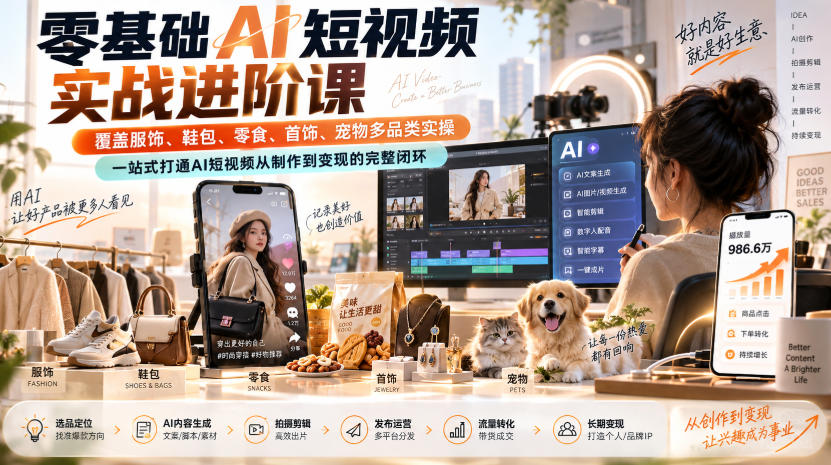 零基础AI短视频实战进阶课，覆盖服饰、鞋包、零食、首饰、宠物多品类实操，一站式打通AI短视频从制作到变现的完整闭环-weichuangqy